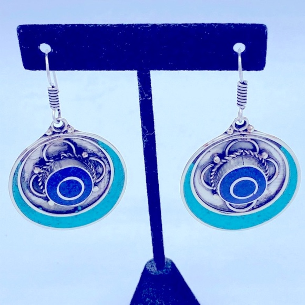 Tibetan Silver Round Disc Blue Lapis And Turquoise Inlay 1 1/2” Diameter